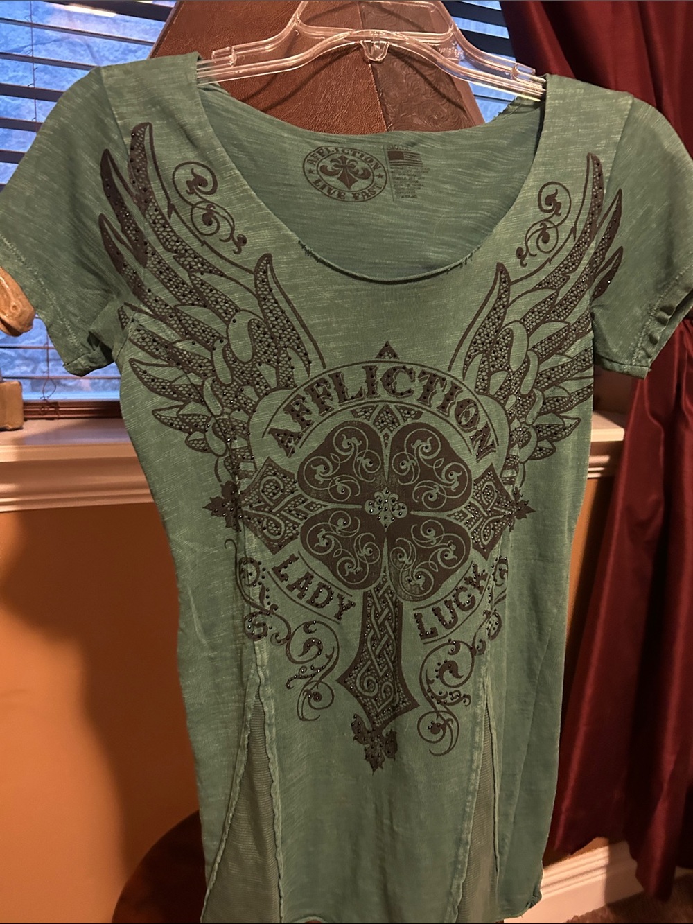 Affliction Green Scoop Neck Graphic Tee with Winged Crest